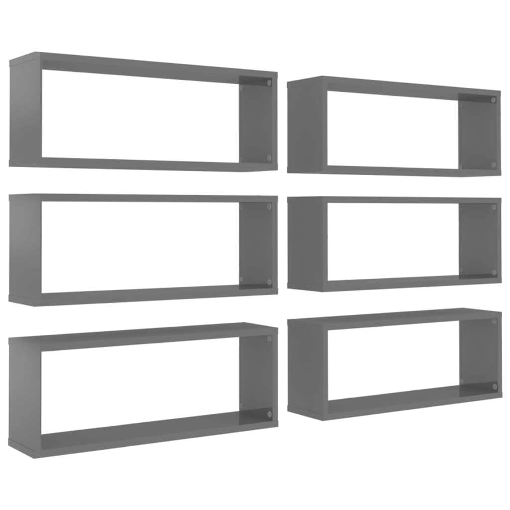 vidaXL Wall Cube Shelves 6 pcs High Gloss Gray 23.6"x5.9"x9.1" Engineered Wood