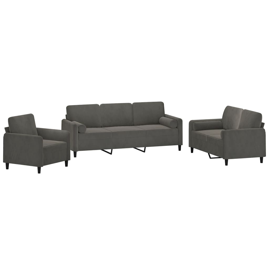 vidaXL 3 Piece Sofa Set with Throw Pillows&Cushions Dark Gray Velvet