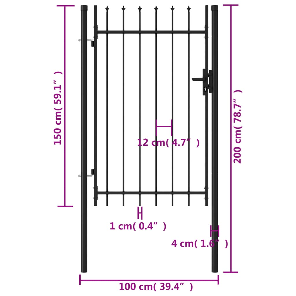 vidaXL Fence Gate Single Door with Spike Top Steel 3.3'x4.9' Black