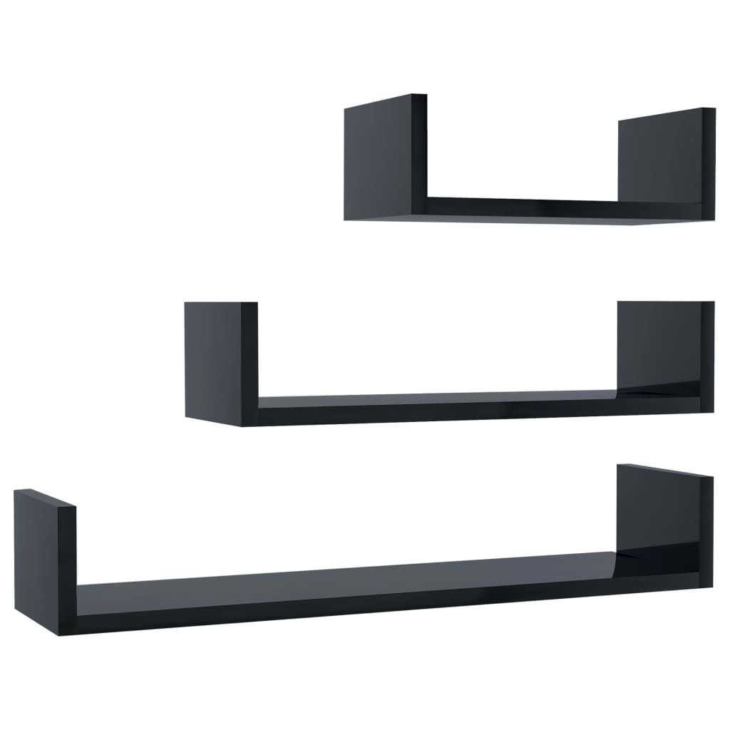 vidaXL Wall Display Shelf 3 pcs High Gloss Black Engineered Wood