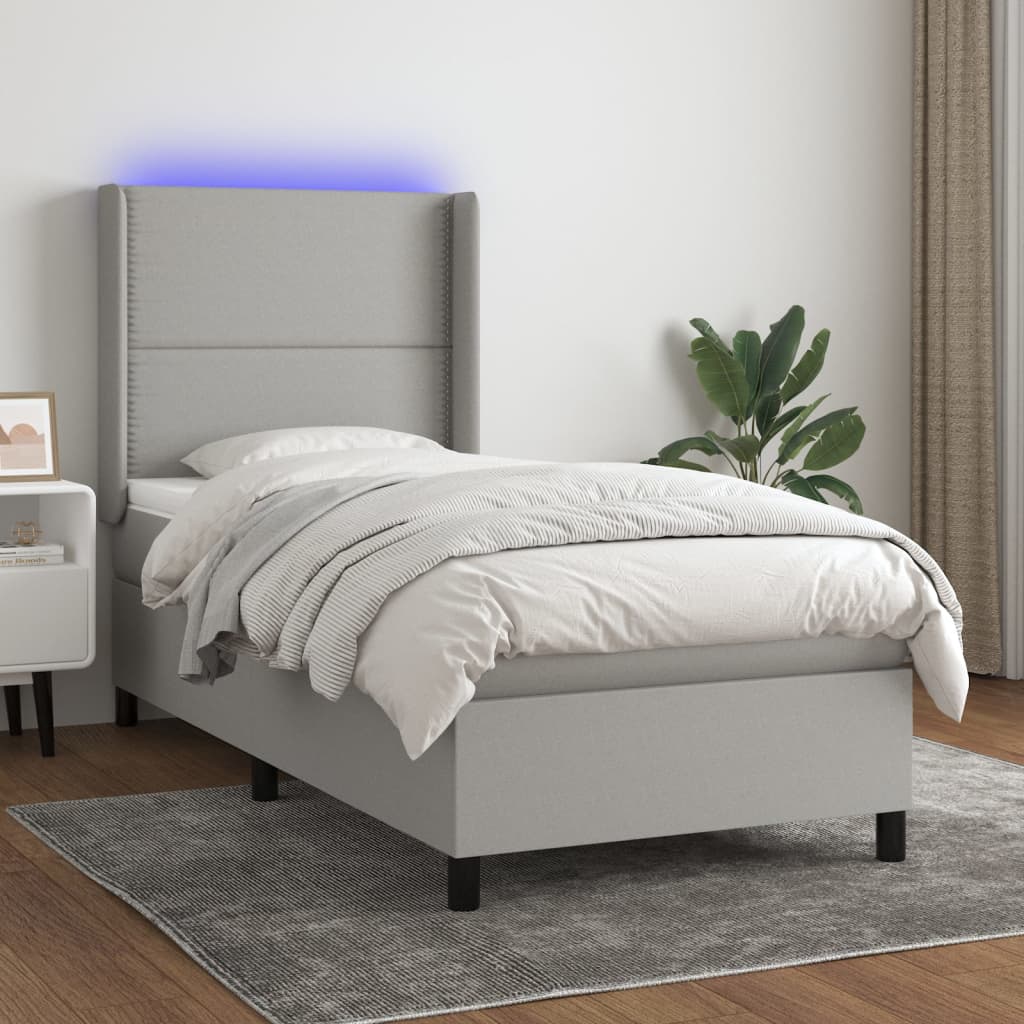 vidaXL Box Spring Bed with Mattress&LED Light Gray Twin Fabric