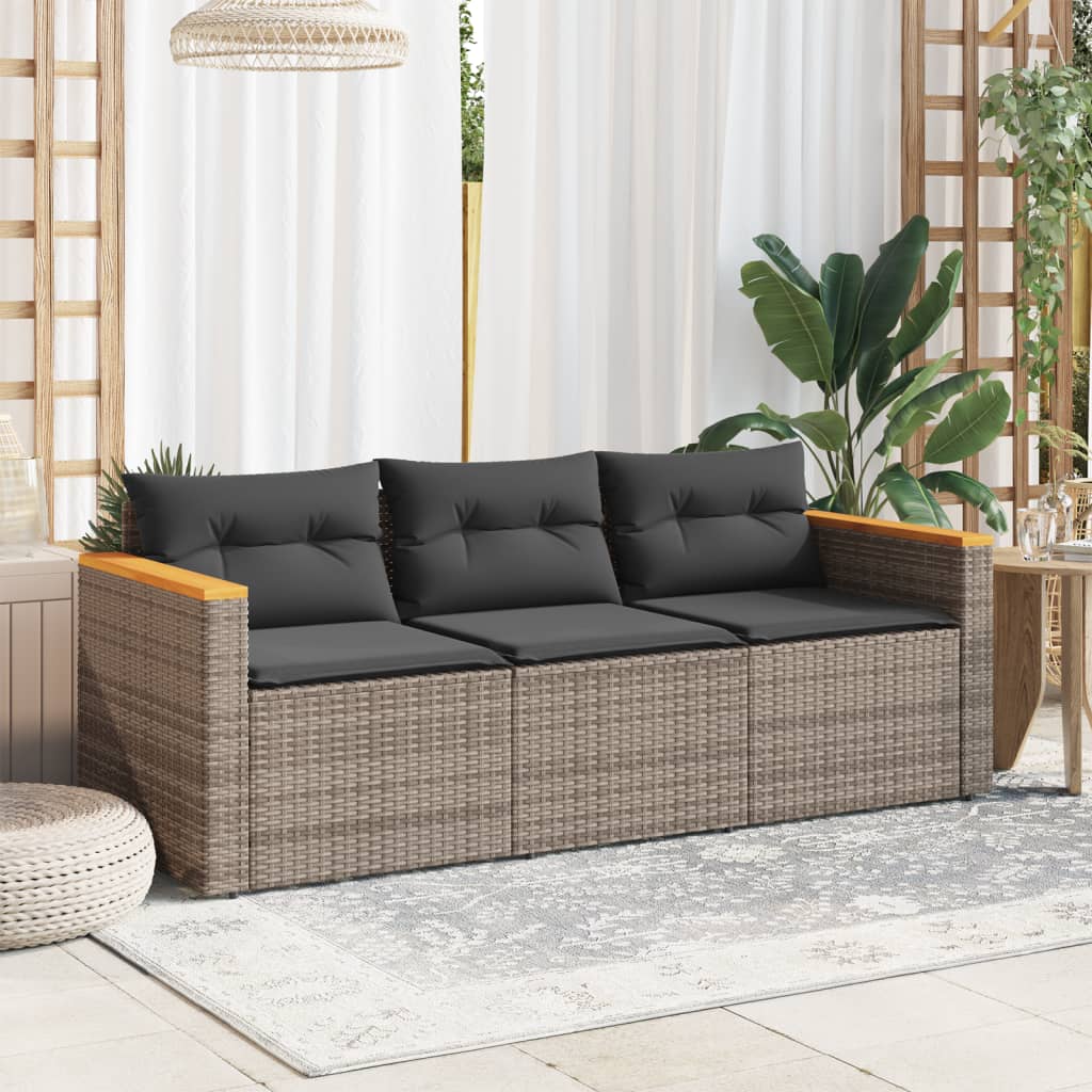vidaXL Patio Sofa with Cushions 3-Seater Gray Poly Rattan