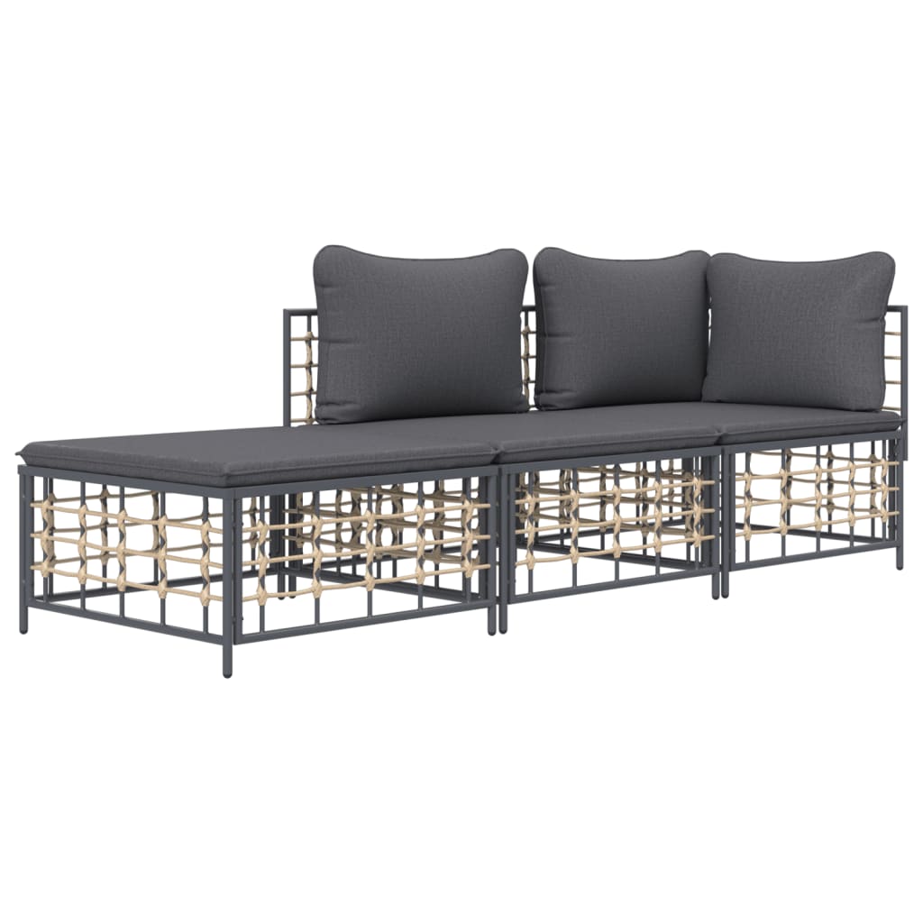 vidaXL 3 Piece Patio Lounge Set with Cushions Anthracite Poly Rattan