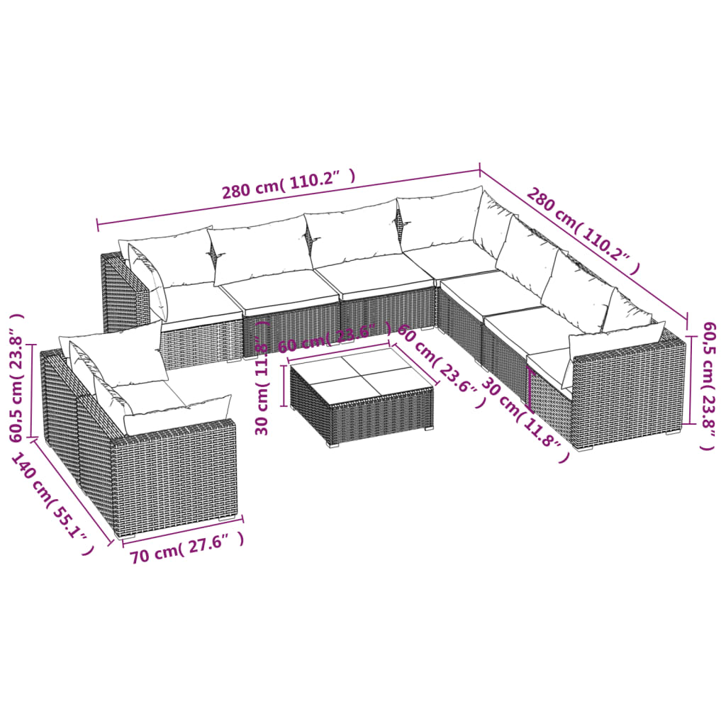 vidaXL 10 Piece Patio Lounge Set with Cushions Black Poly Rattan