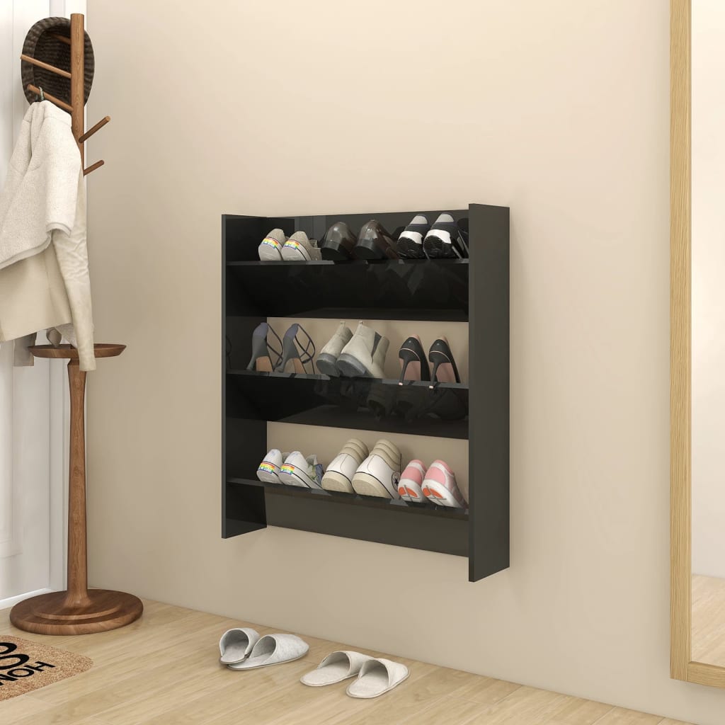 vidaXL Wall Shoe Cabinet High Gloss Black 31.5"x7.1"x35.4" Engineered Wood