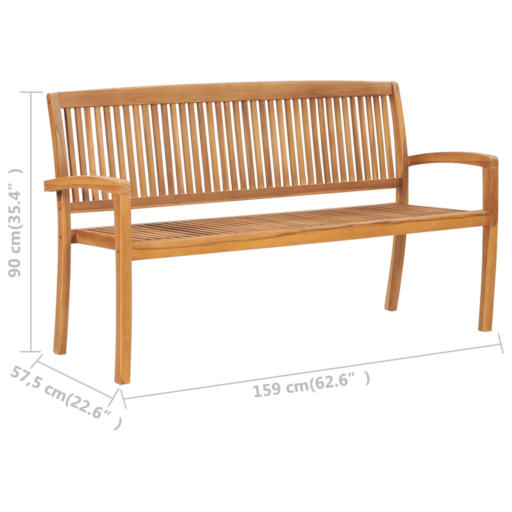 vidaXL 3-Seater Stacking Patio Bench 62.6" Solid Teak Wood