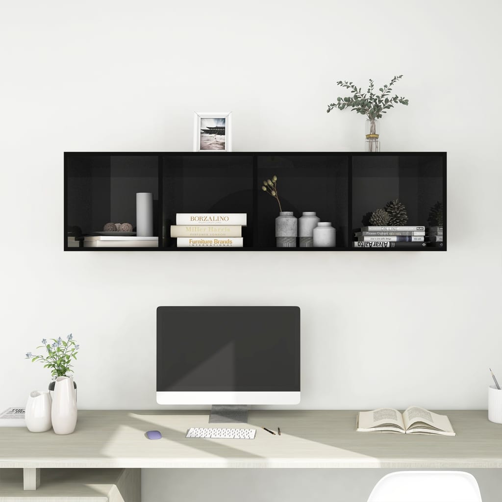 vidaXL Wall-mounted TV Cabinet High Gloss Black 14.6"x14.6"x56.1" Engineered Wood