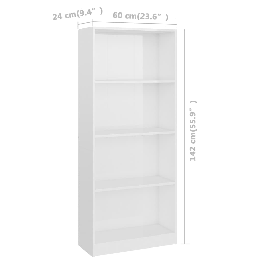vidaXL 4-Tier Book Cabinet High Gloss White 23.6"x9.4"x55.9" Engineered Wood