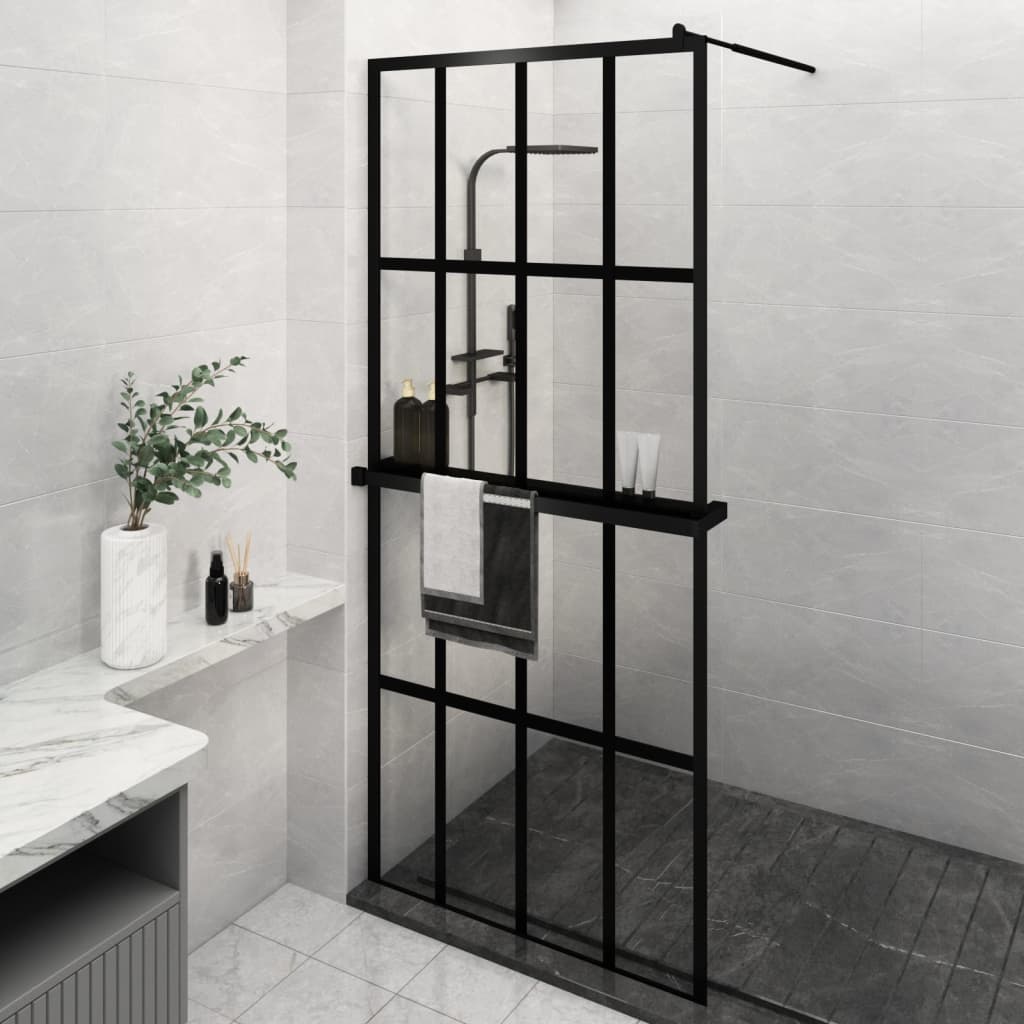 vidaXL Walk-in Shower Wall with Shelf Black 35.4"x76.8" ESG Glass&Aluminum