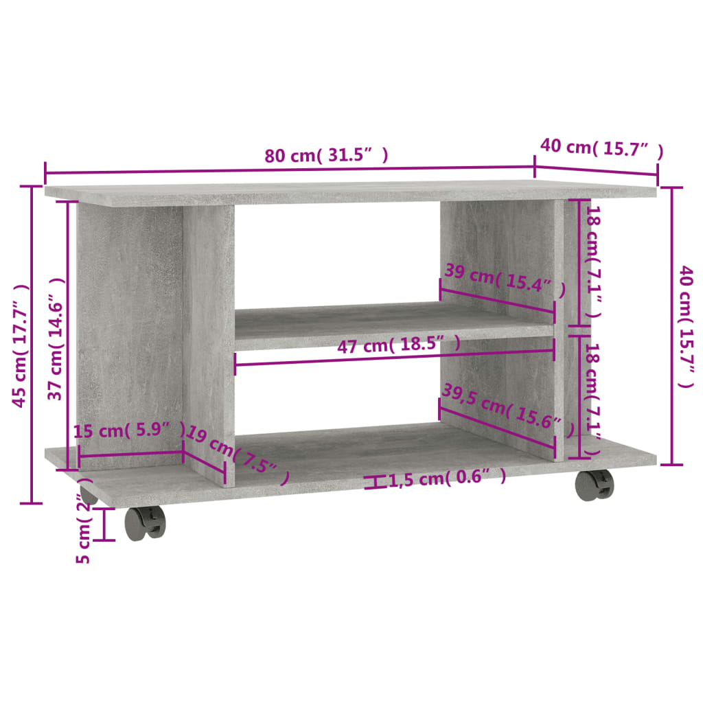 vidaXL TV Stand with Castors Concrete Gray 31.5"x15.7"x17.7" Engineered Wood