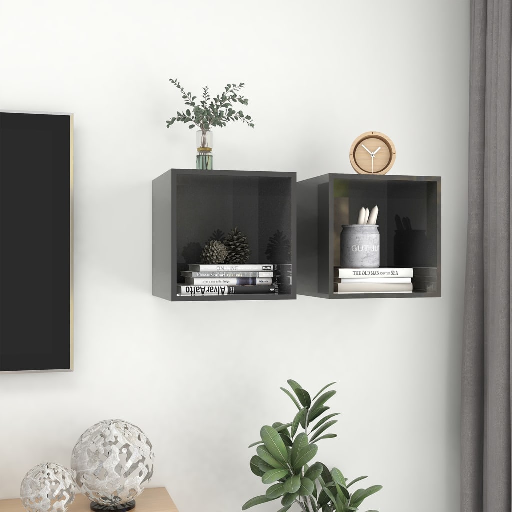 vidaXL Wall Cabinets 2 pcs High Gloss Gray 14.6"x14.6"x14.6" Engineered Wood