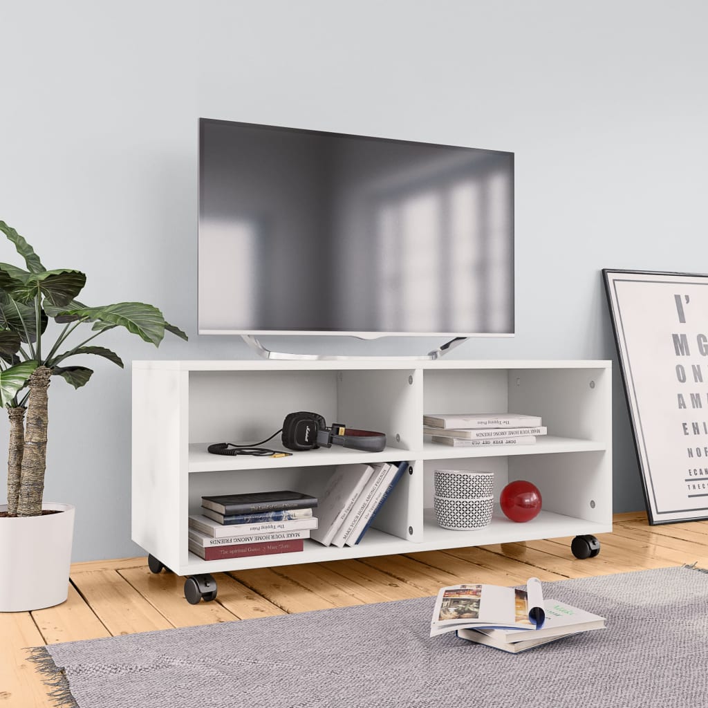 vidaXL TV Stand with Castors White 35.4"x13.8"x13.8" Engineered Wood