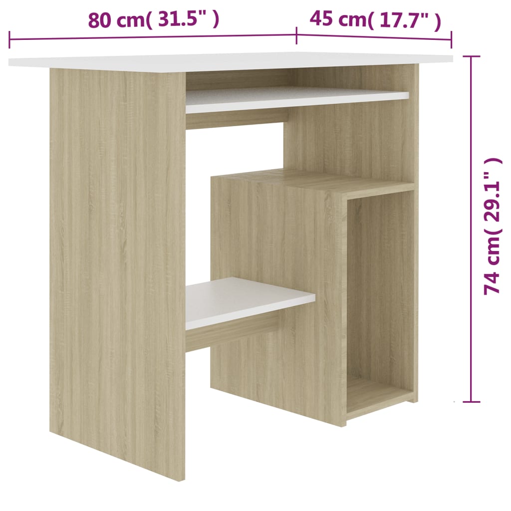 vidaXL Desk White and Sonoma Oak 31.5"x17.7"x29.1" Engineered Wood