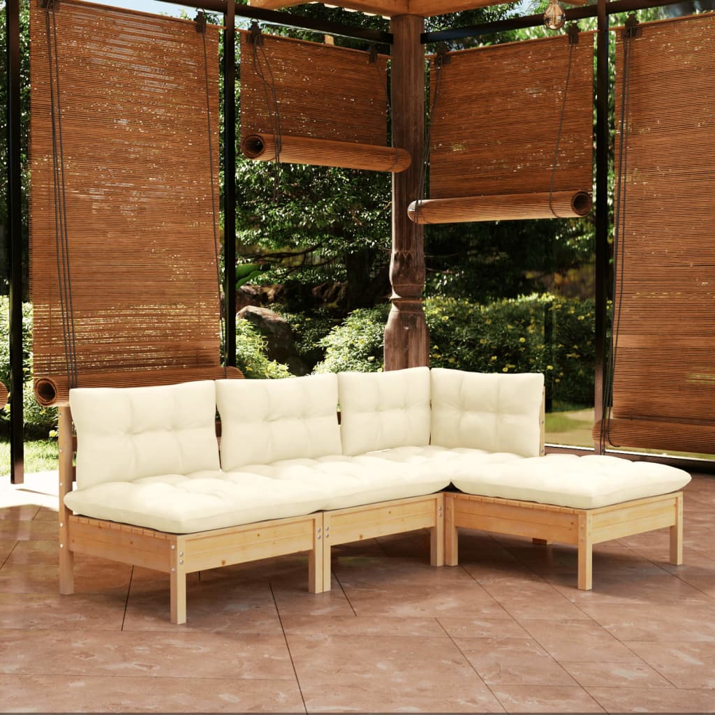 vidaXL 4 Piece Patio Lounge Set with Cream Cushions Pinewood