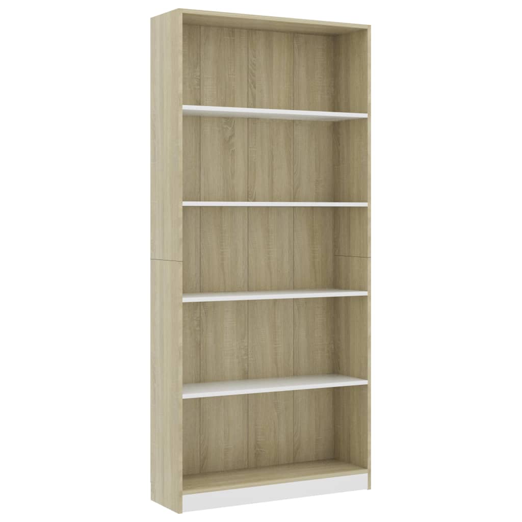 vidaXL 5-Tier Book Cabinet White and Sonoma Oak 31.5"x9.4"x68.9" Chipboard