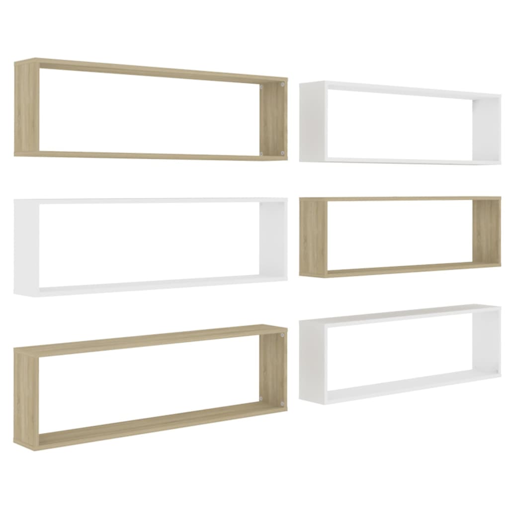 vidaXL Wall Cube Shelves 6 pcs White&Sonoma Oak 39.4"x5.9"x11.8" Engineered Wood