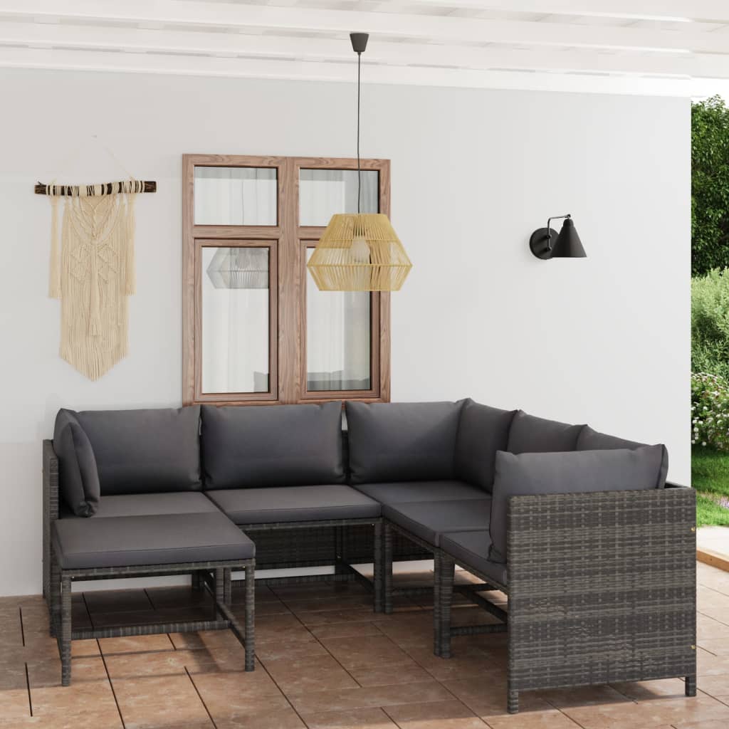 vidaXL 6 Piece Patio Lounge Set with Cushions Poly Rattan Gray
