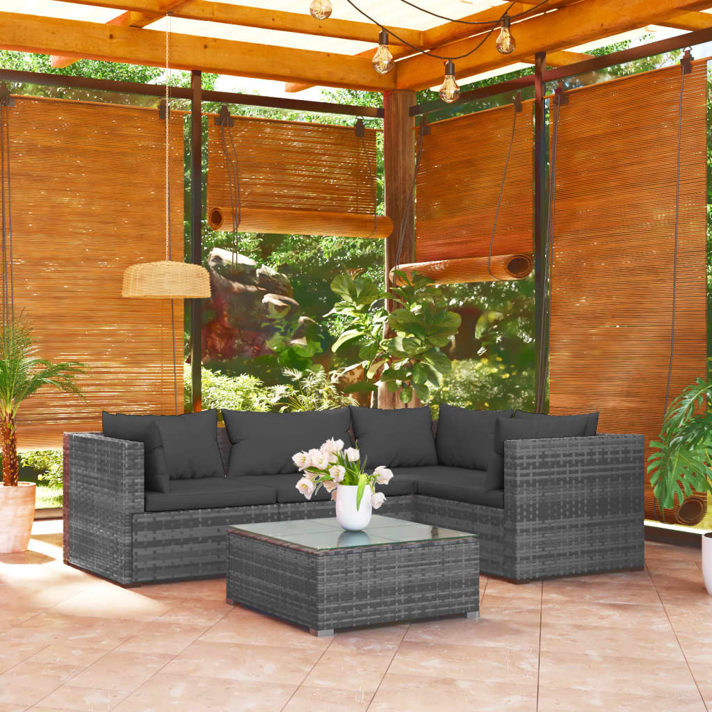 vidaXL 5 Piece Patio Lounge Set with Cushions Poly Rattan Gray