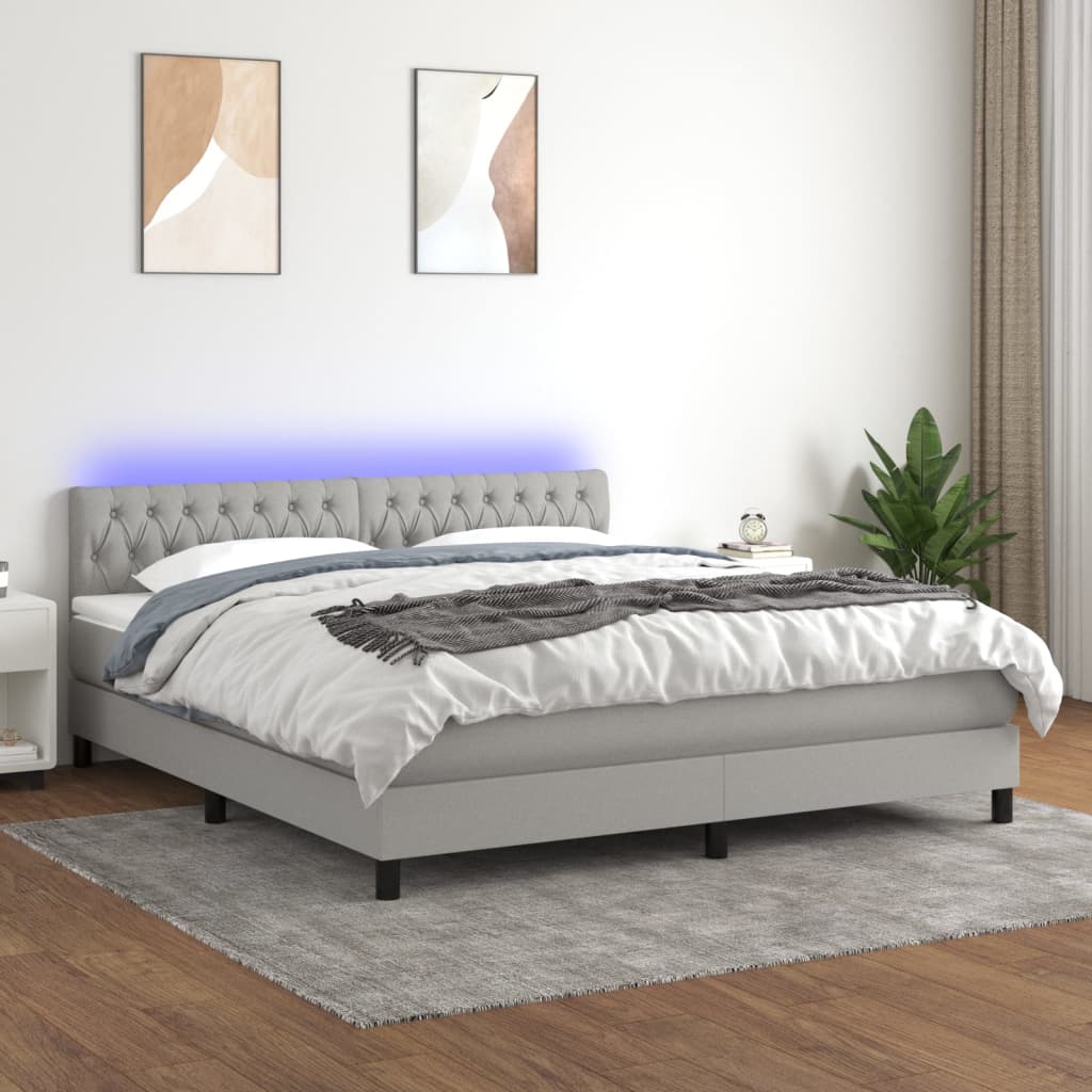 vidaXL Box Spring Bed with Mattress&LED Light Gray 76"x79.9" King Fabric
