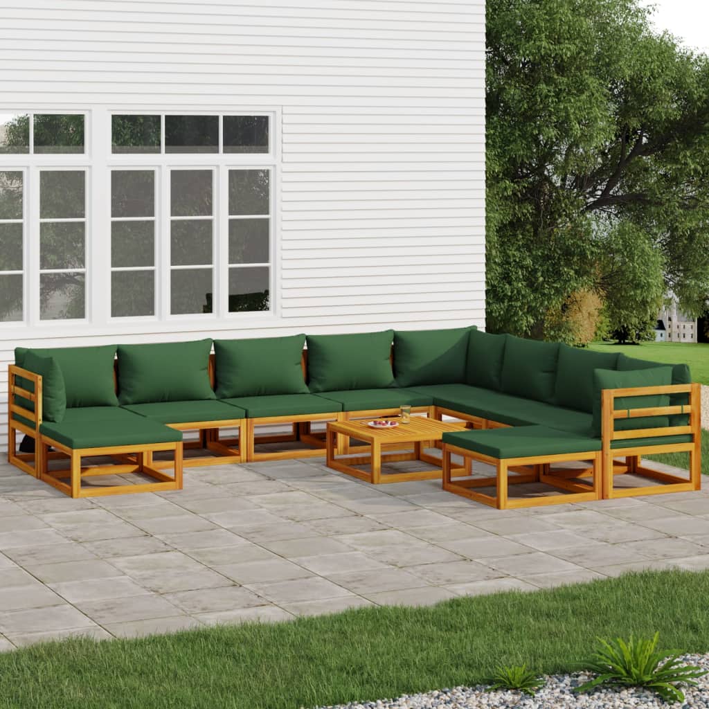 vidaXL 11 Piece Patio Lounge Set with Green Cushions Solid Wood