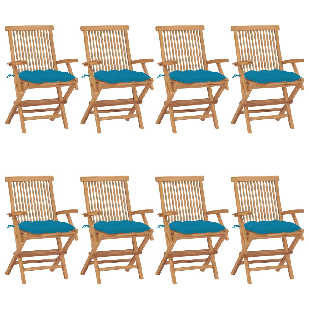 vidaXL Patio Chairs with Light Blue Cushions 8 pcs Solid Teak Wood