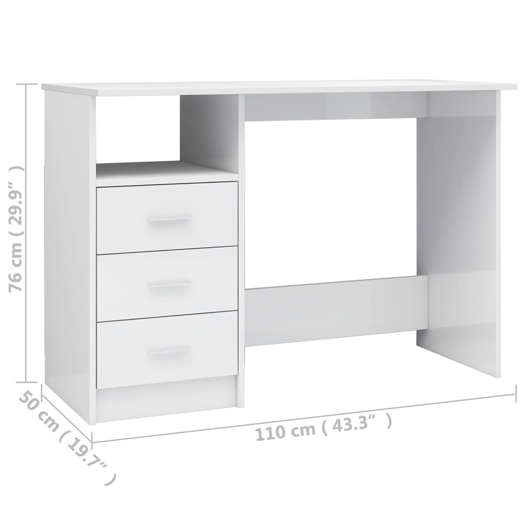 vidaXL Desk with Drawers High Gloss White 43.3"x19.7"x29.9" Chipboard