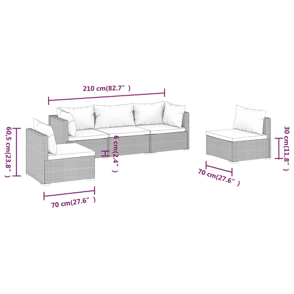 vidaXL 5 Piece Patio Lounge Set with Cushions Poly Rattan Gray