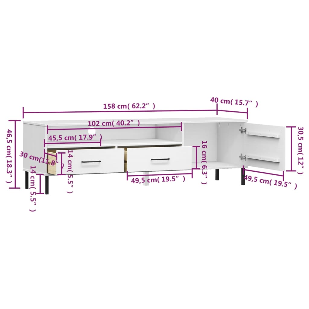 vidaXL TV Stand with Metal Legs White Solid Wood Pine OSLO